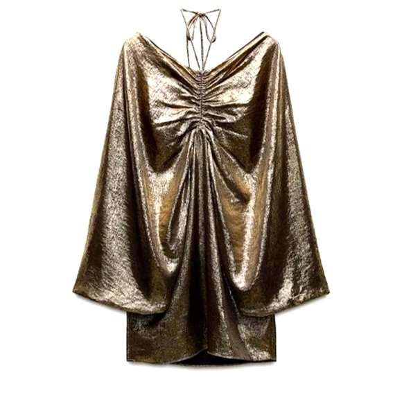 Zara Black And Gold Draped Balloon Mini Dress - Picture 2 of 11